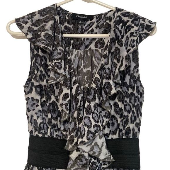 Charlie Jade 100% Silk Black Gray Leopard Ruffle Zip Sleeveless Dress Size Small - Picture 3 of 12